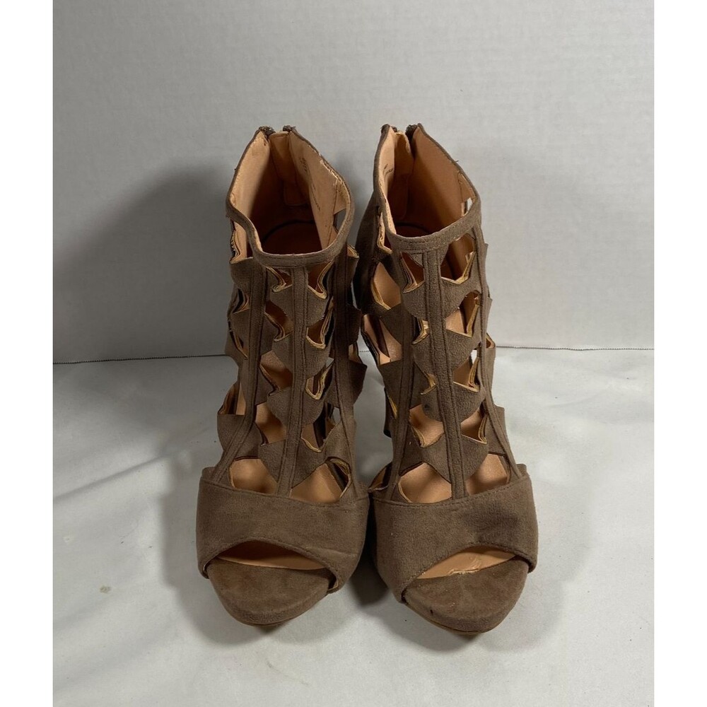 Yoki Womens Brown Suede Cage Cutout Peep Toe Sandal Bootie Heels